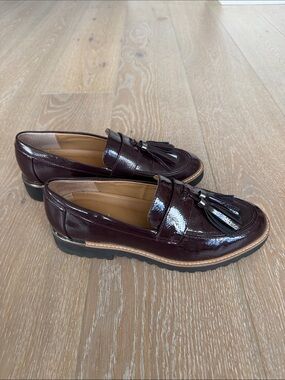 Franco Sarto Women’s Carolynn Platform Loafer in Burgundy Patent Leather.